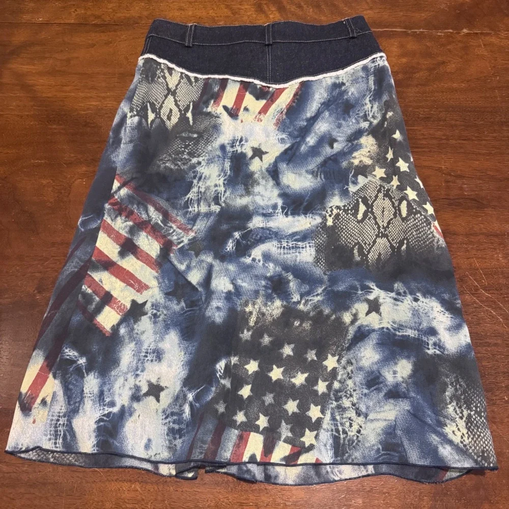 Sharagano Paris Y2K Americana Snakeskin Rhinestone Jean Waist Midi Skirt T1‎